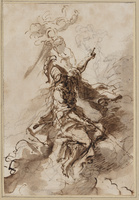 E 018
<br/>
Minerva met putti op wolken gezeten
<br/>
<em>Rosa, Salvator (1615-1673)</em>